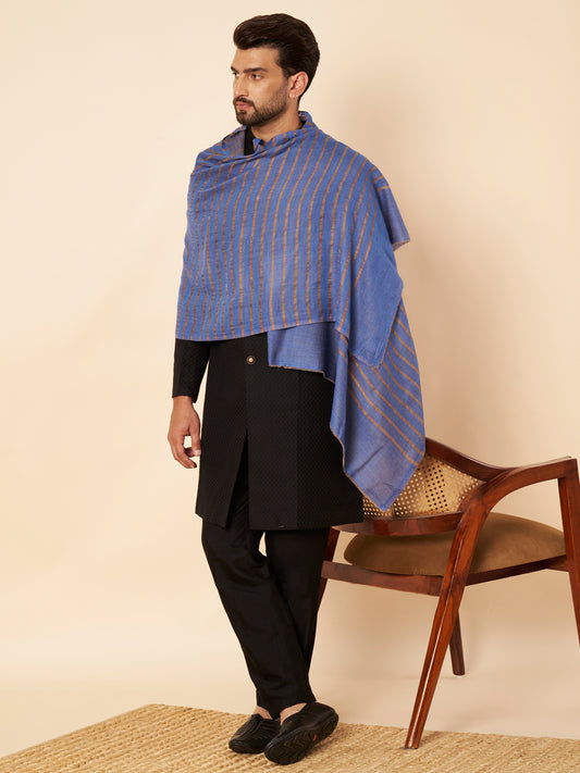 Fine Wool Horizontal Zari Stripes Stole | Blue