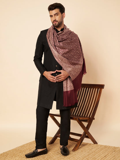 Floral All-over Kani Weave Woolen Stole with Paisley Border | Maroon