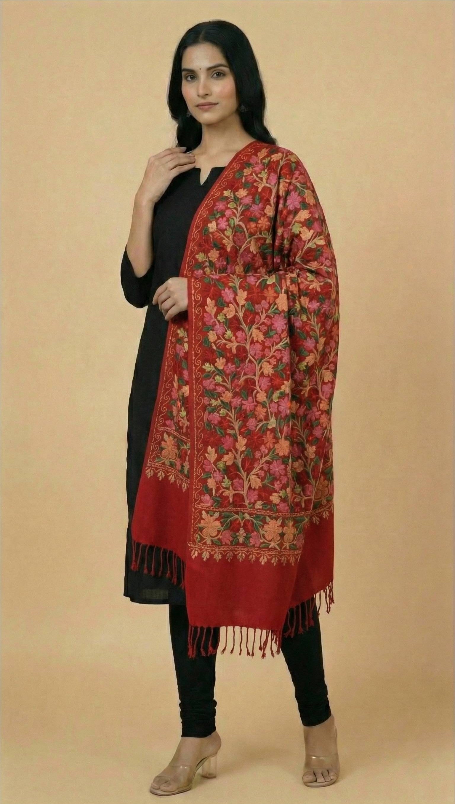 Kashmiri Aari Embroidery Woollen Stole for Women | Red - view 3