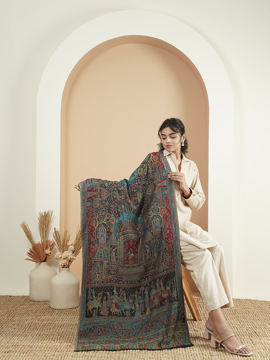 Kani Darbar Weave Soft Woolen Stole for Women | Black