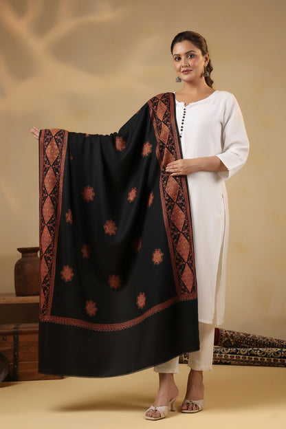 Kashmiri Sozni Floral Embroidery Shawl | Black