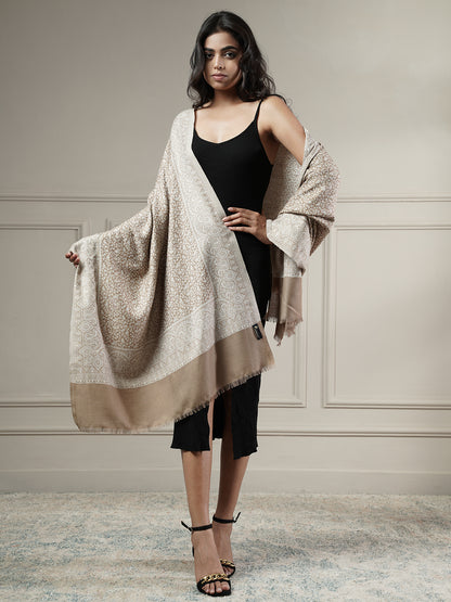 Floral All-over Kani Weave Woolen Stole with Paisley Border | Beige