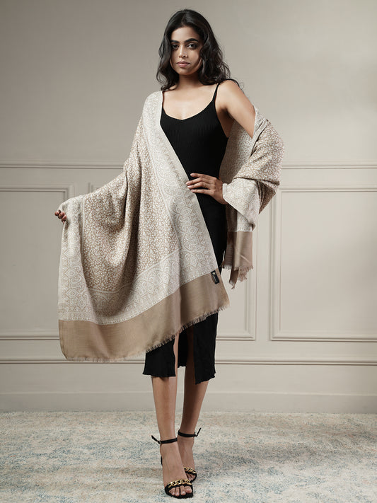 Floral All-over Kani Weave Woolen Stole with Paisley Border | Beige