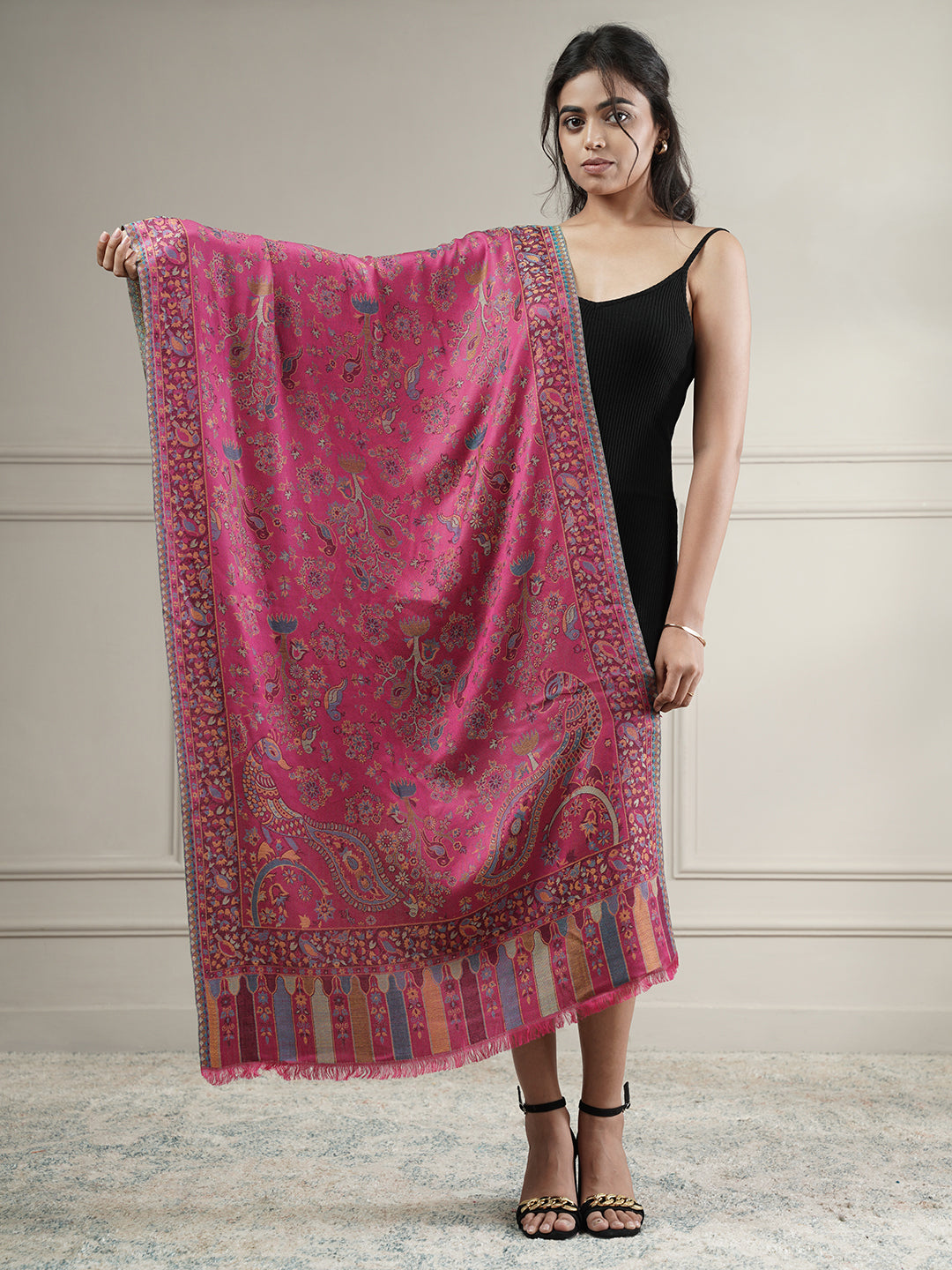 Kani Floral Weave Soft Woolen Stole for Women | Magenta