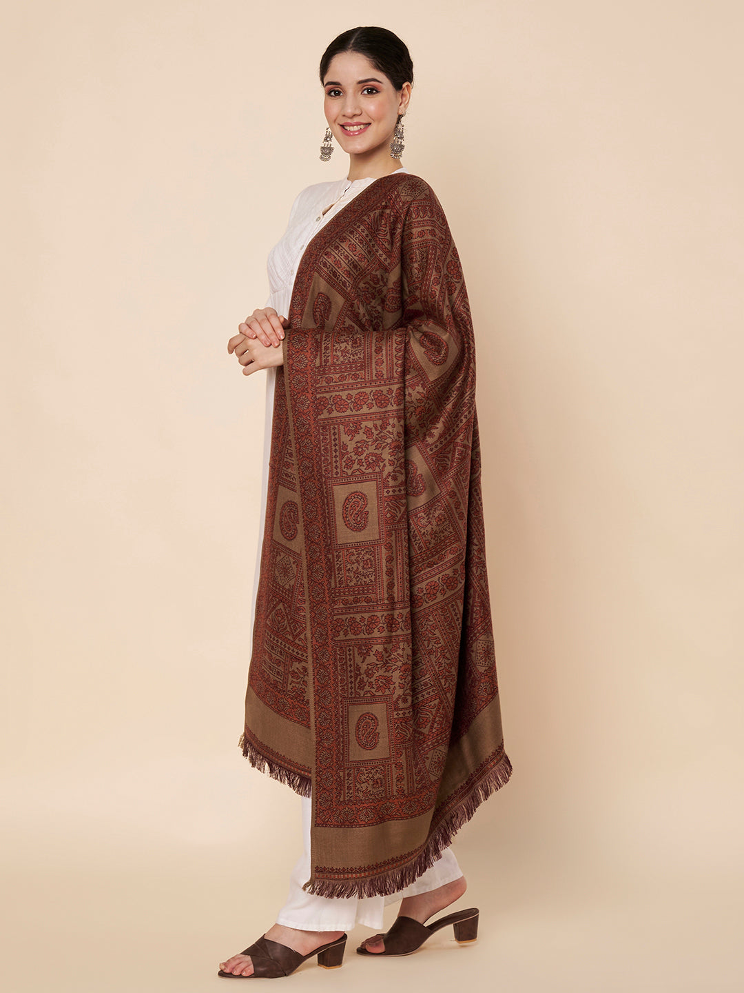 Woollen Kani Shawl with Intricate Kashmiri Paisley & Floral Woven Design | Brown