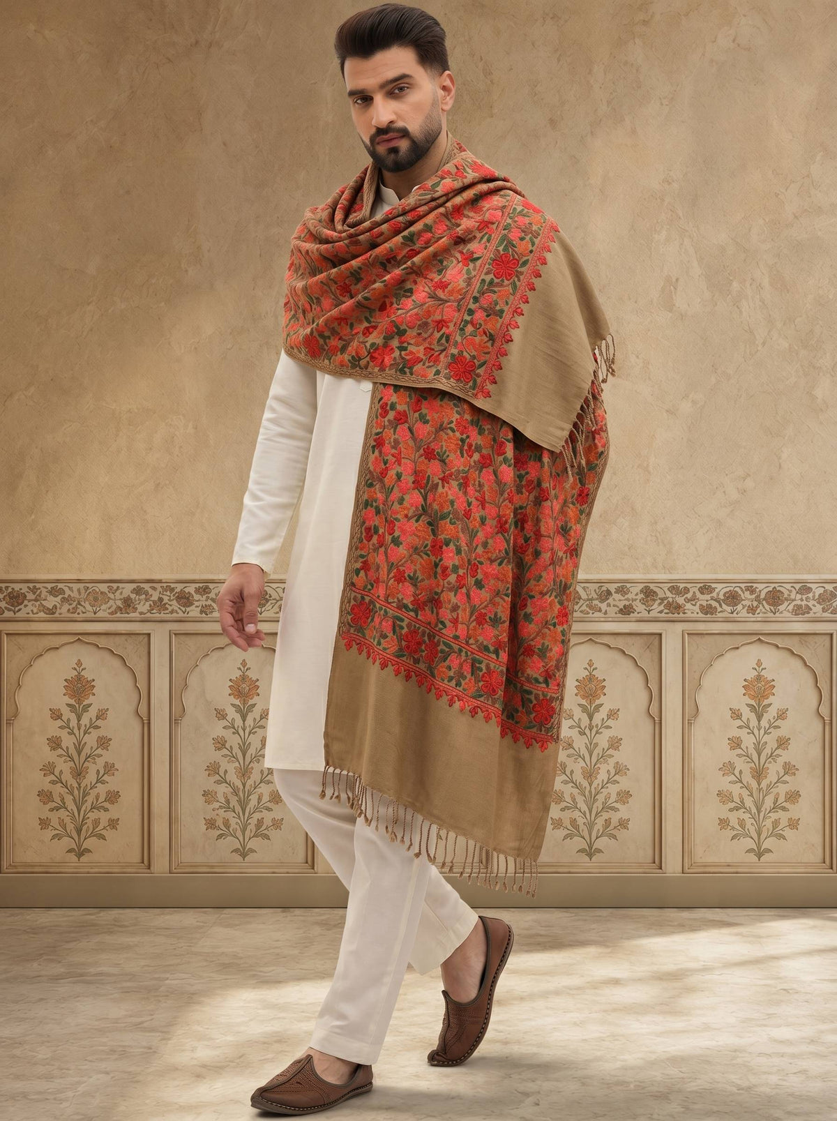 Kashmiri Aari Embroidery Woollen Stole for Men | Brown - view 2