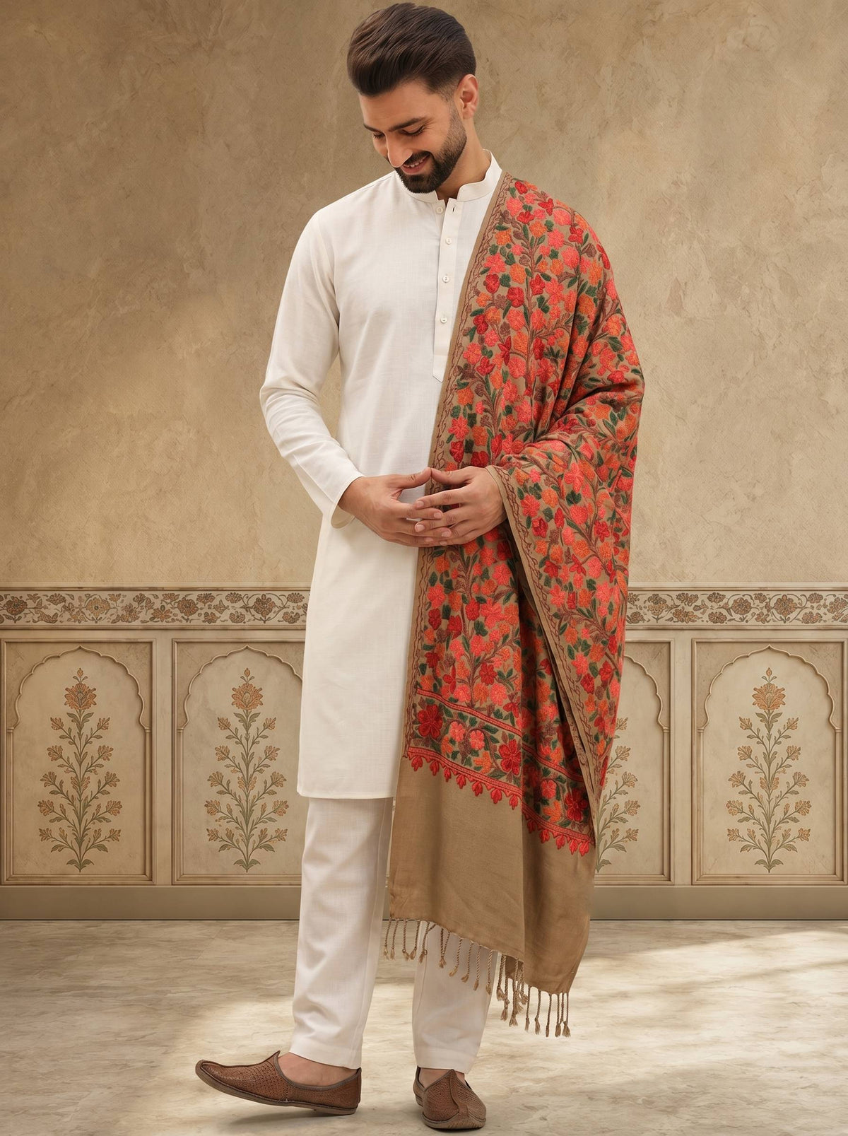 Kashmiri Aari Embroidery Woollen Stole for Men | Brown - view 4