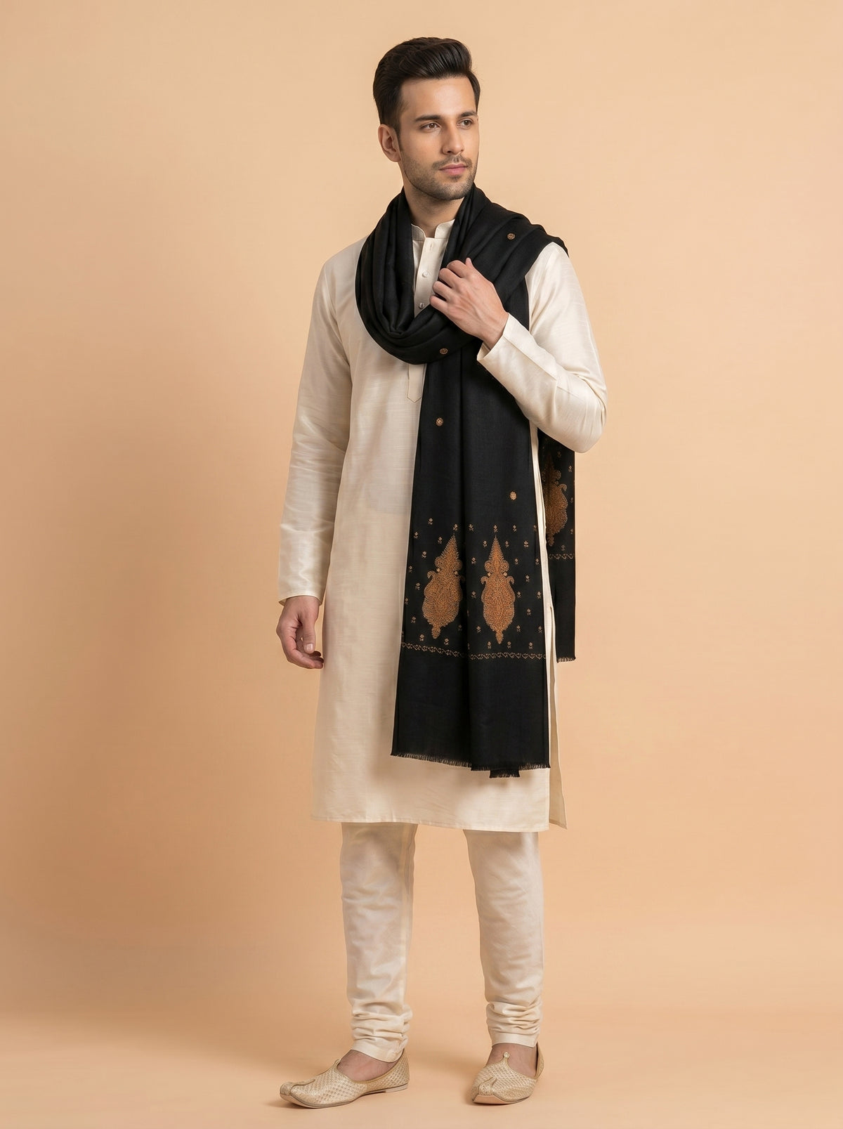 Fine Embroidery Paper Mache Kashmiri Wool Shawl for Men | Black