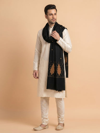 Fine Embroidery Paper Mache Kashmiri Wool Shawl for Men | Black