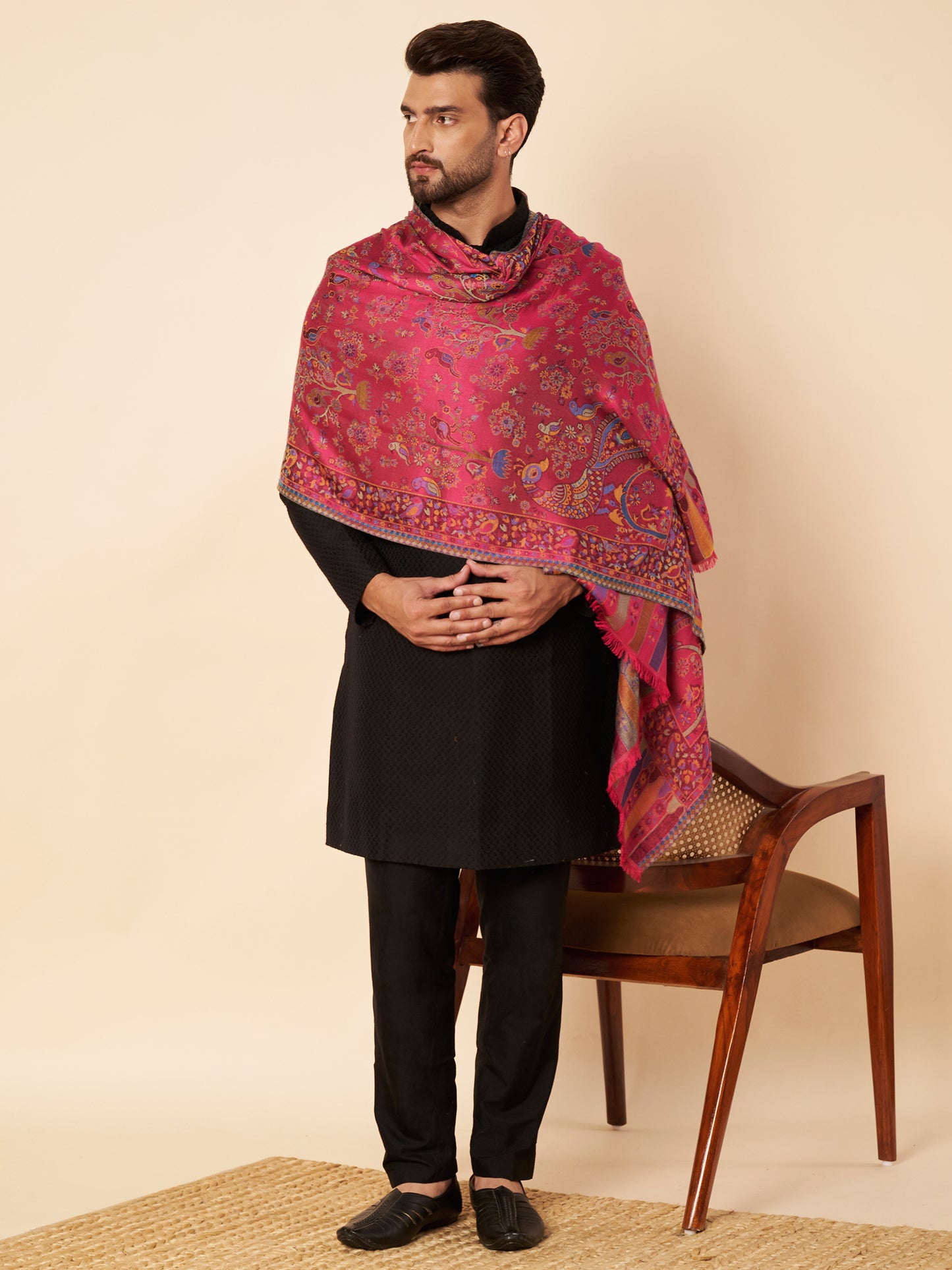 Kani Weave Lightweight Woolen Stole for Men | Magenta - view 5