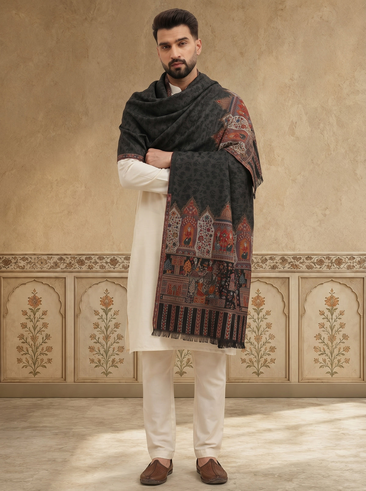 Kani Weave Pure Wool Shawl for Men with Royal Darbar Motifs Borders | Black - view 3