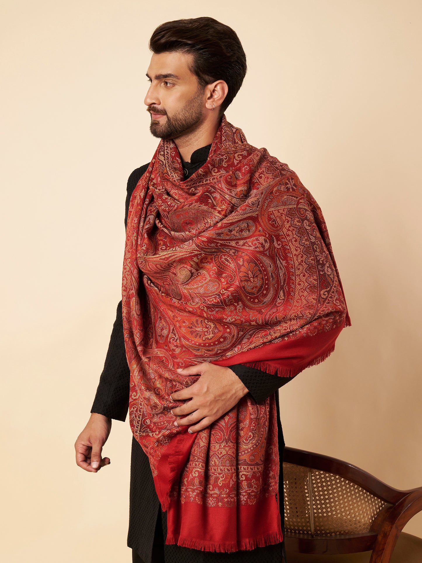 Warm Faux Pashmina Jacquard Woven Jamawar Mughal Shawl (Red)