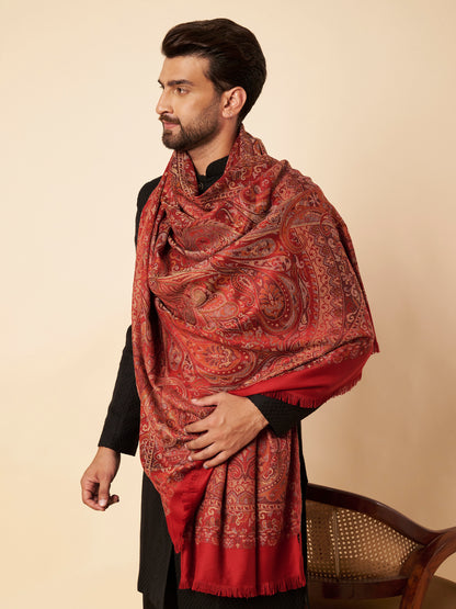 Warm Faux Pashmina Jacquard Woven Jamawar Mughal Shawl (Red)