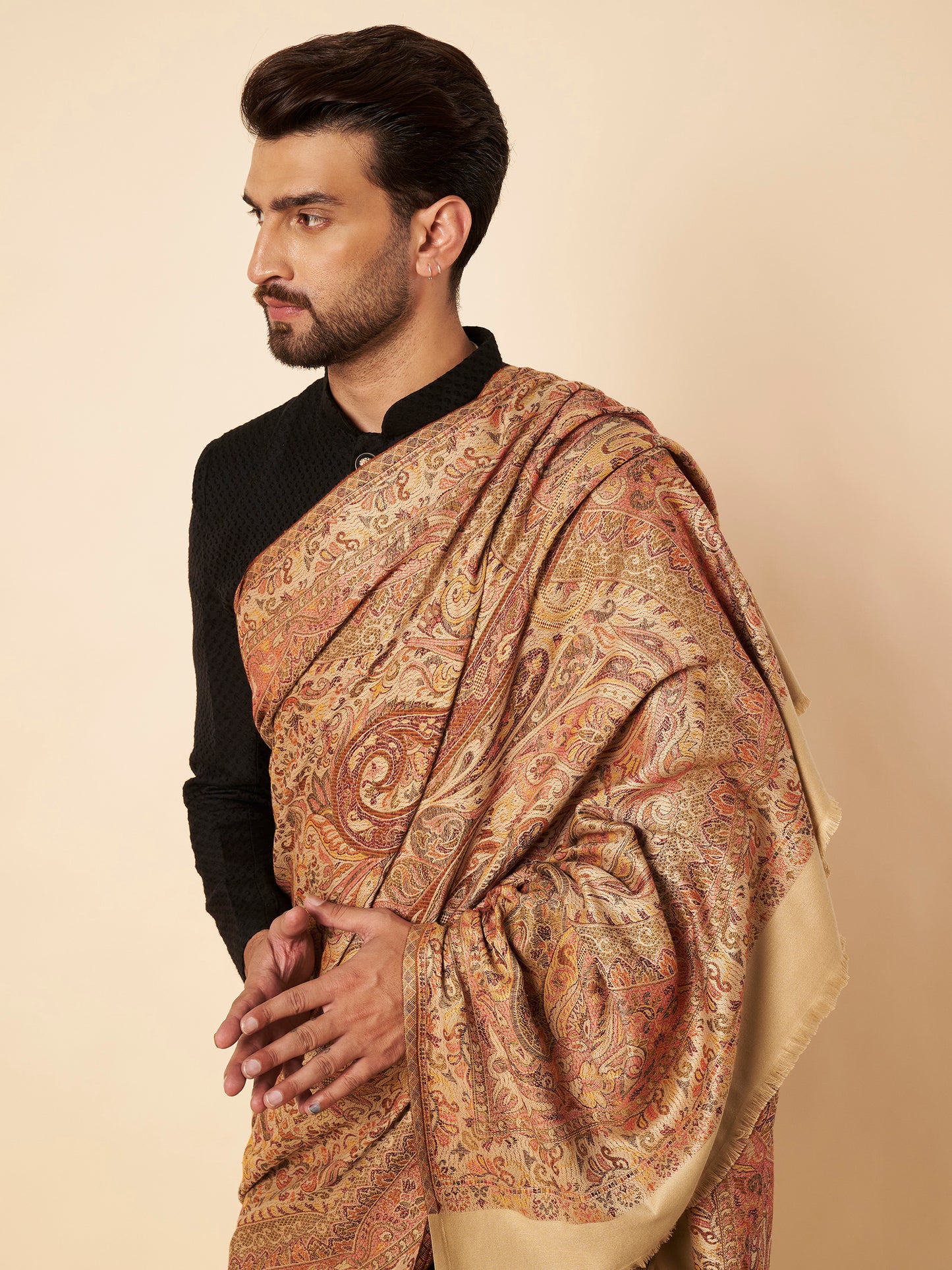Warm Faux Pashmina Jacquard Woven Jamawar Mughal Shawl (Beige)
