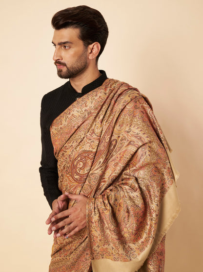 Warm Faux Pashmina Jacquard Woven Jamawar Mughal Shawl (Beige)