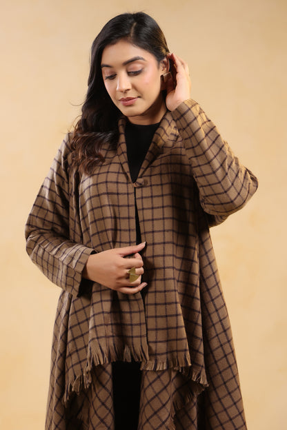 Women's Full Sleeve Woolen Checkered Shrug Cardigan | Brown Check