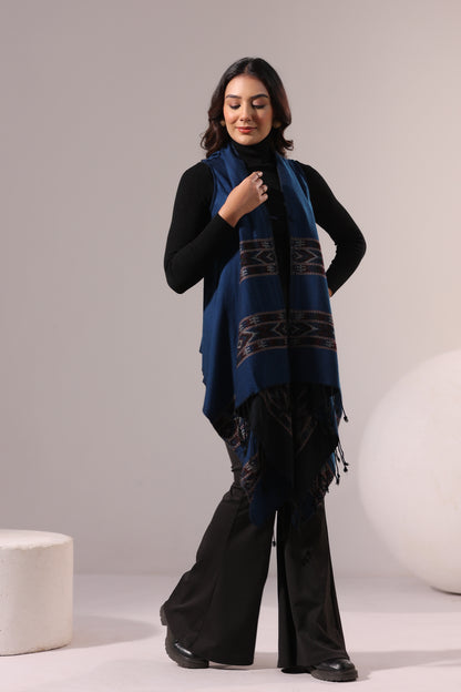 Women's Sleeveless Kullu Pattern Shrug Cardigan | Blue