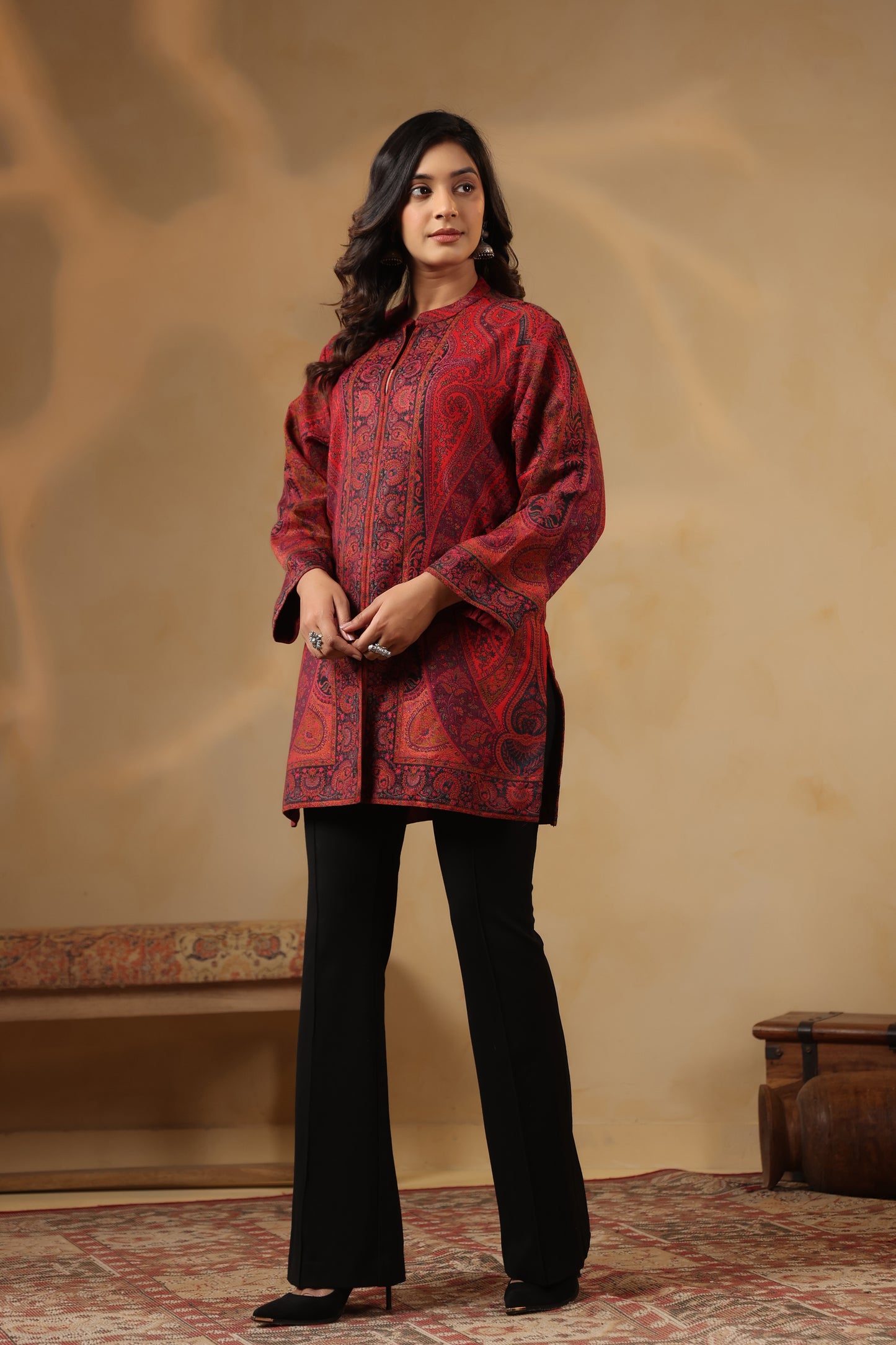 Women's Kaani Woven Winter Kurta | Maroon
