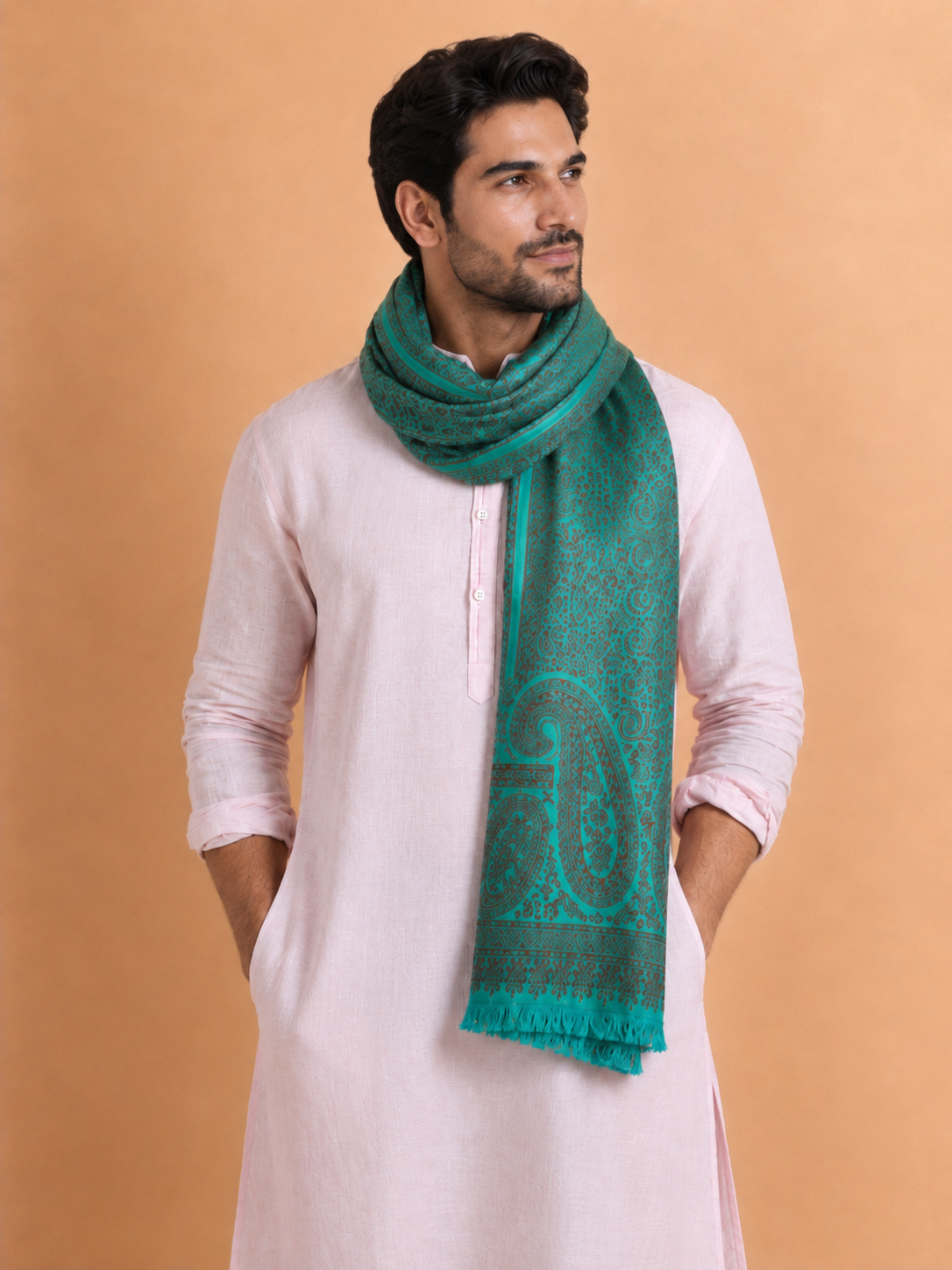 Kashmiri Kani Stole for Men in Floral Weaving | Green - view 2