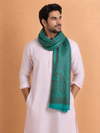 Kashmiri Kani Stole for Men in Floral Weaving | Green - view 2