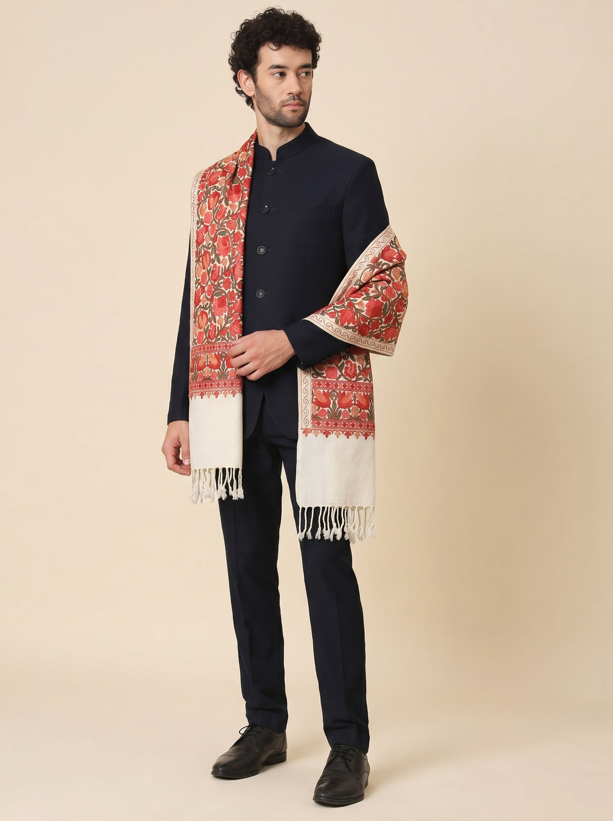 Kashmiri Aari Embroidery Woollen Stole for Men | Off White - view 4