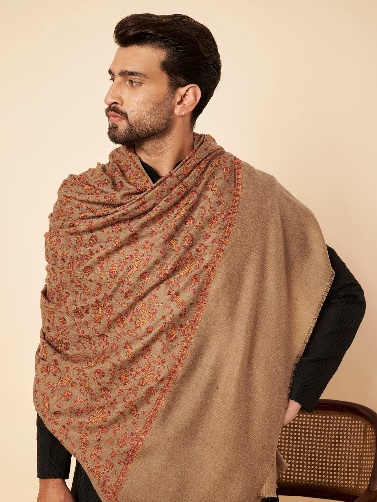 Pure Wool Shawl with All-over Multicolour Royal Paisley Sozni Embroidery