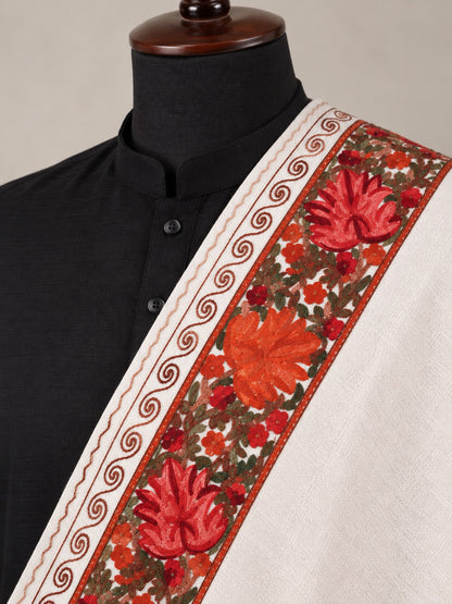Kashmiri Aari Embroidery Woollen Stole for Men | White - view 6