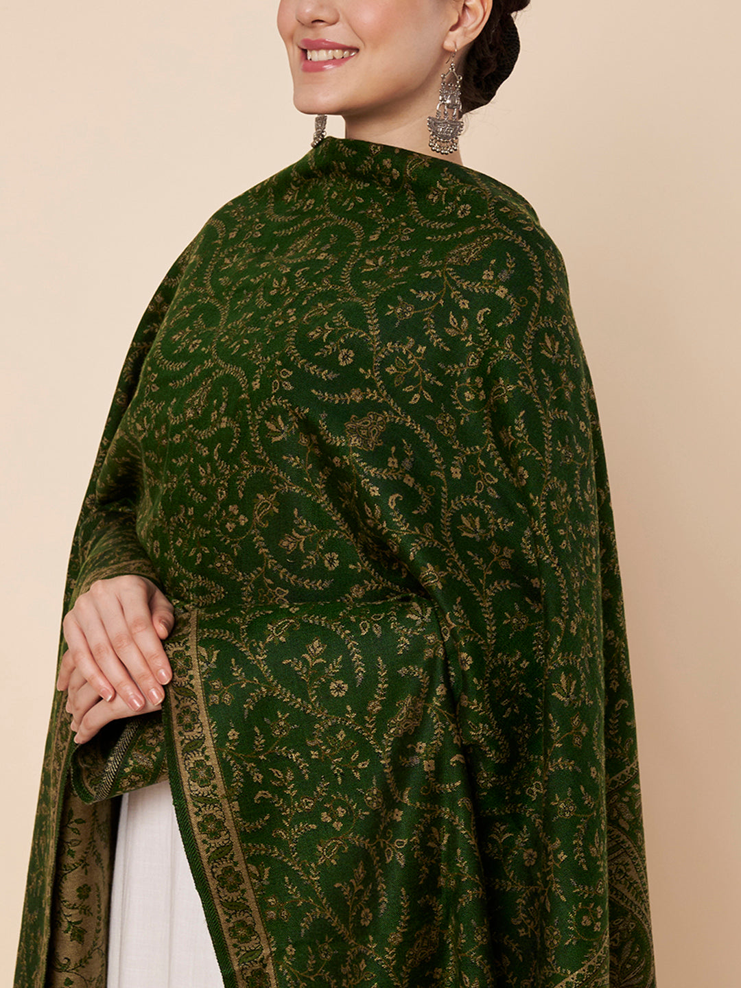 Woollen Kani Shawl with Intricate Kashmiri Paisley & Floral Woven Design | Green