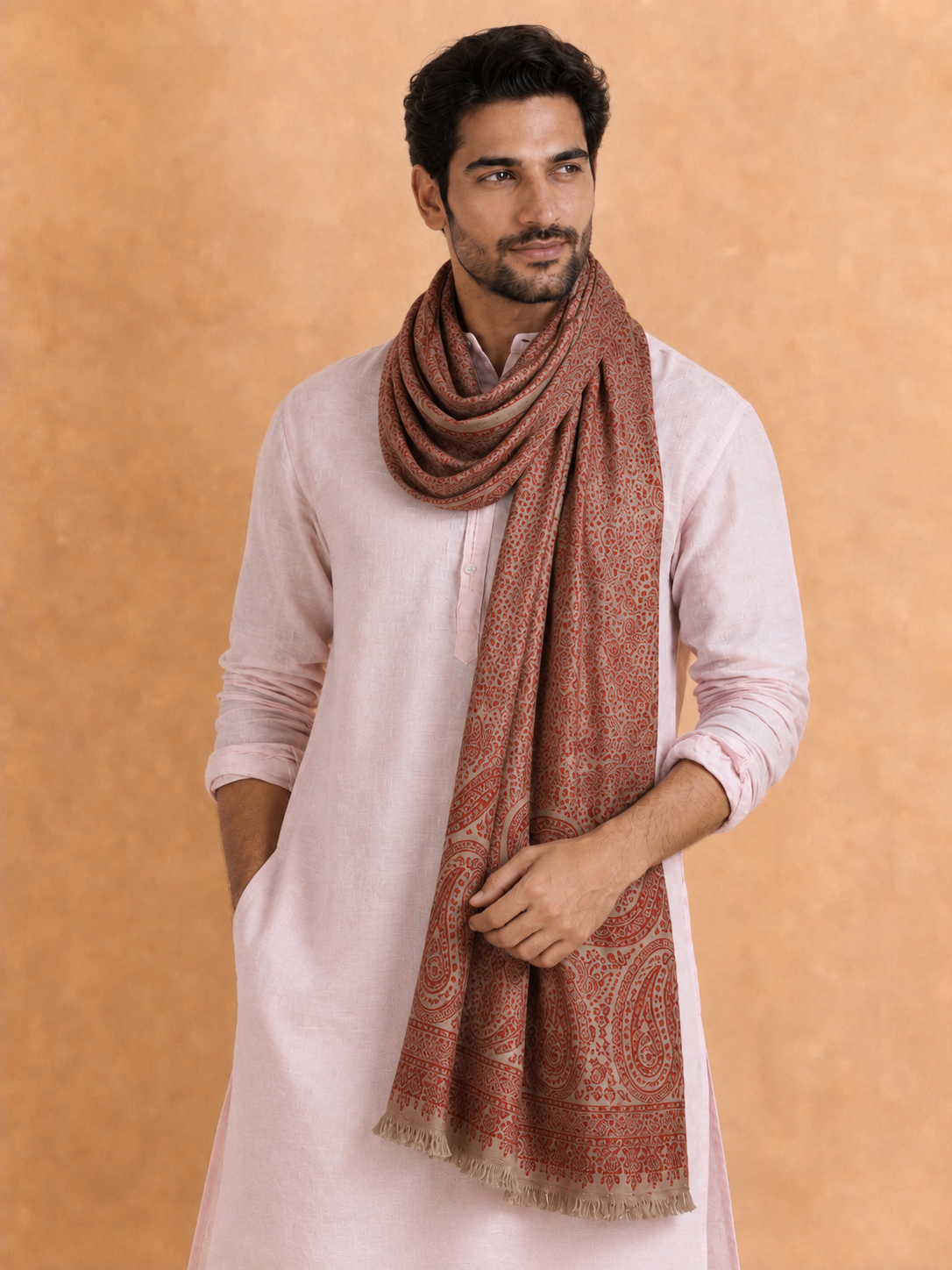 Kashmiri Kani Stole for Men in Floral Weaving | Brown - view 2