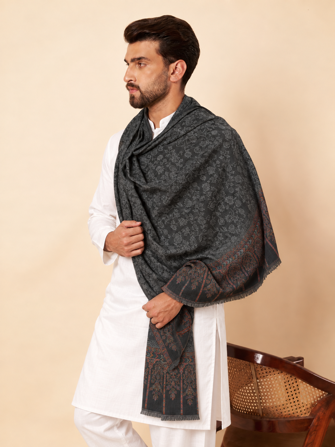Kani Floral Weave Soft Woolen Shawl for Men | Black