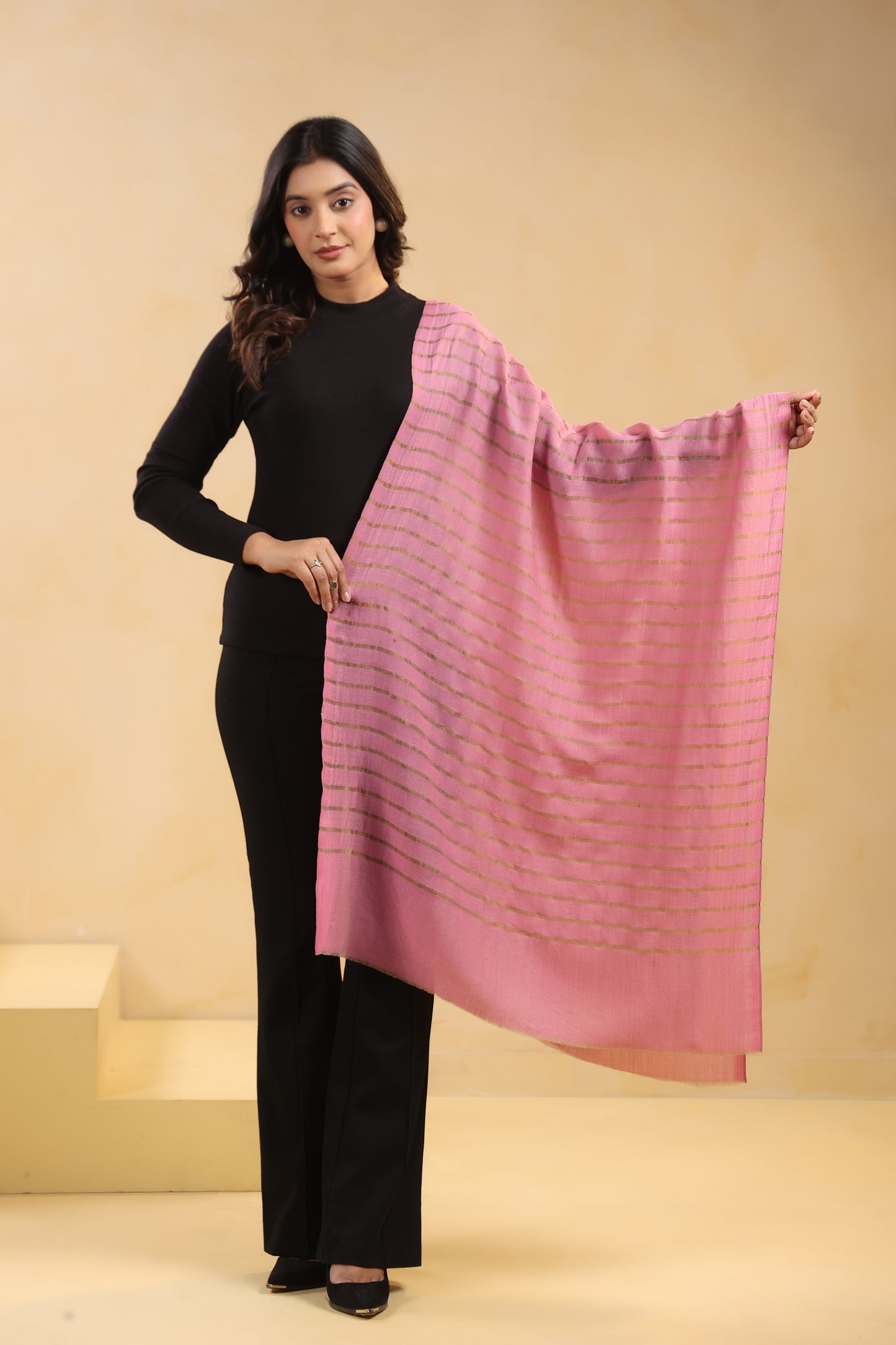 Fine Wool Horizontal Zari Stripes Stole | Pink
