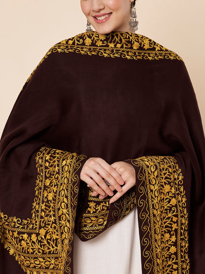 Floral Kashmiri Embroidery Warm Stole with Fringed Border | Coffee Brown