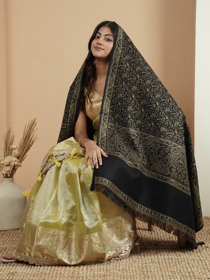Woolen Kani Shawl with Intricate Kashmiri Paisley & Floral Woven Design | Black