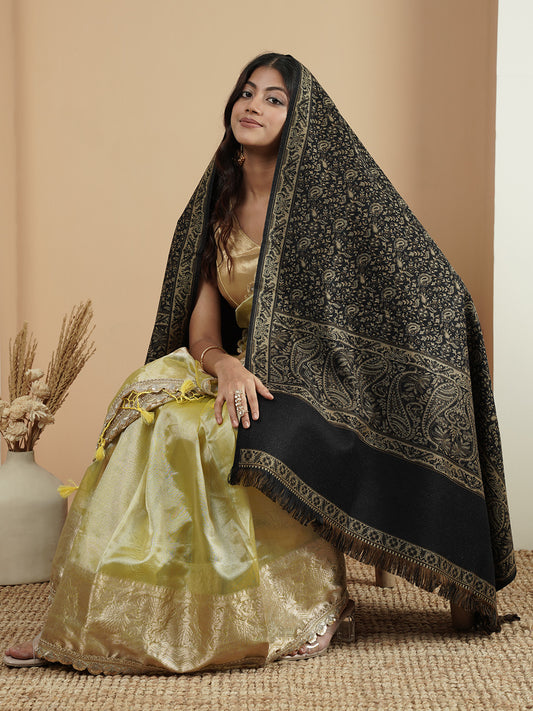 Woolen Kani Shawl with Intricate Kashmiri Paisley & Floral Woven Design | Black