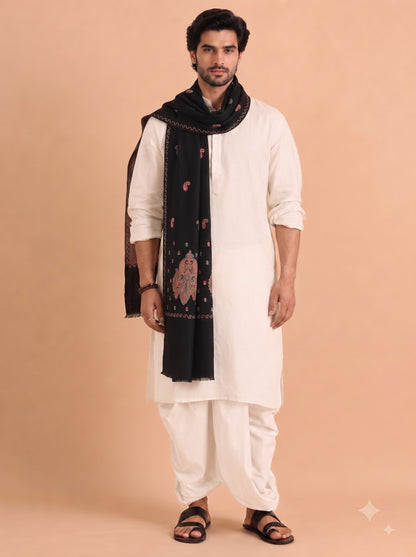 Fine Embroidery Paper Mache Kashmiri Wool Shawl for Men | Black - view 3
