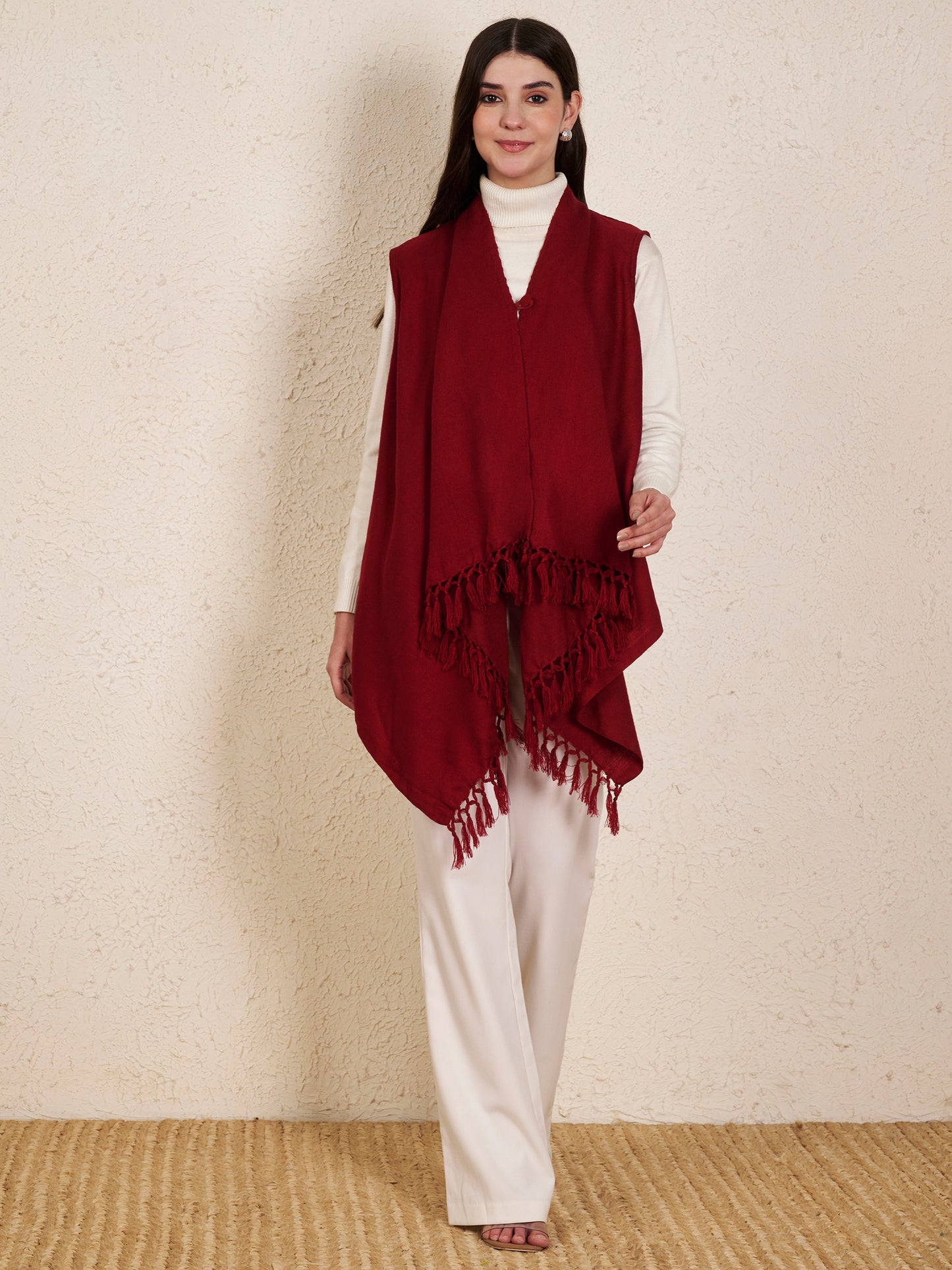Women's Sleeveless Plain Shrug Cardigan | Maroon