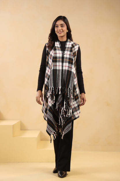 Women's Sleeveless Checkered Shrug Cardigan | White