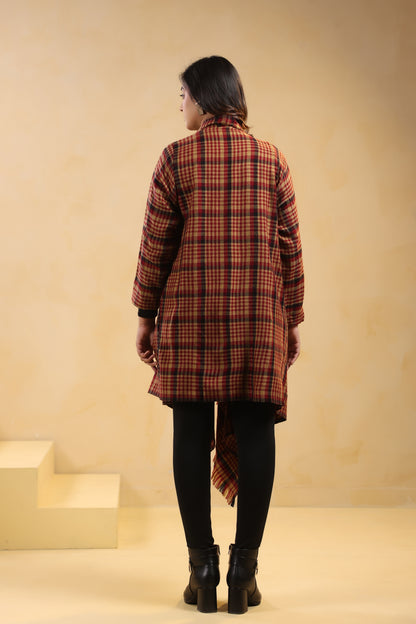 Women's Full Sleeve Woolen Checkered Shrug Cardigan | Maroon Check