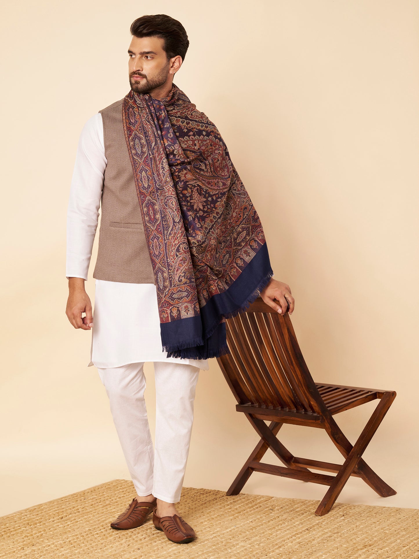 Warm Faux Pashmina Floral Jacquard Woven Jamawar Shawl (Navy Blue)