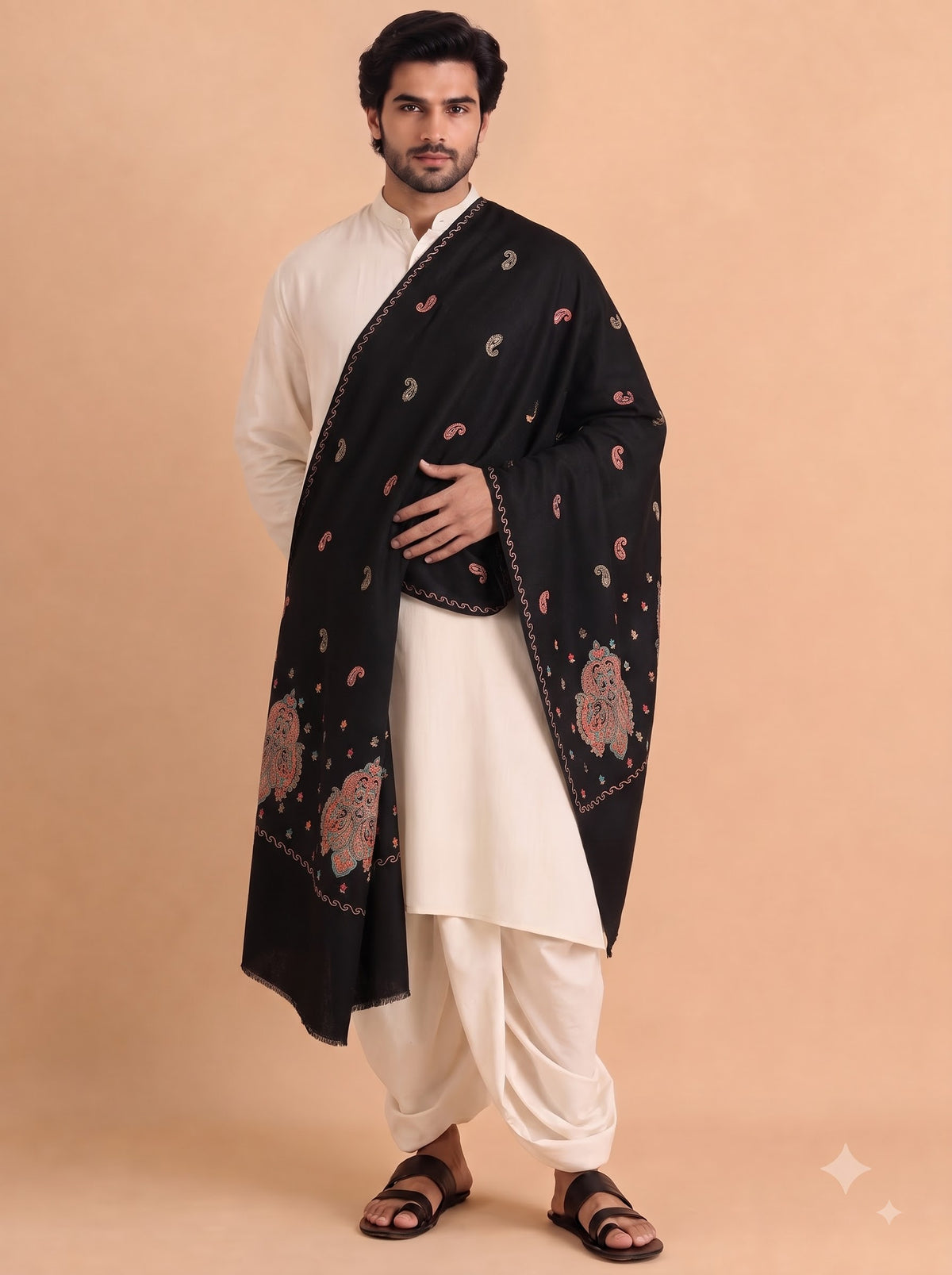 Fine Embroidery Paper Mache Kashmiri Wool Shawl for Men | Black - view 5