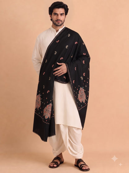 Fine Embroidery Paper Mache Kashmiri Wool Shawl for Men | Black - view 5
