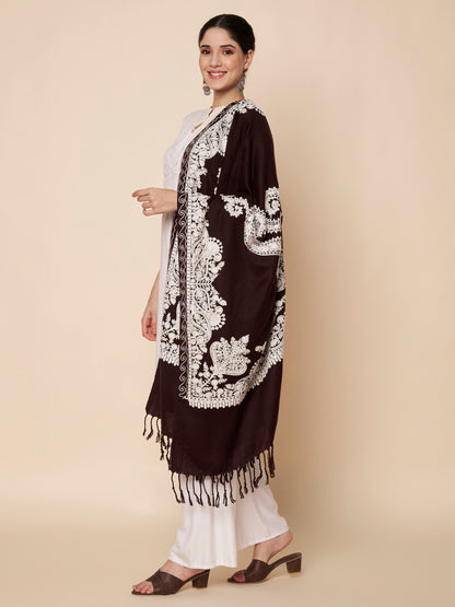 Floral Kashmiri Embroidery Warm Stole with Fringed Border | Coffee Brown