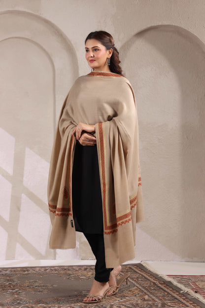 Kashmiri Sozni Zari Embroidery Shawl | Beige