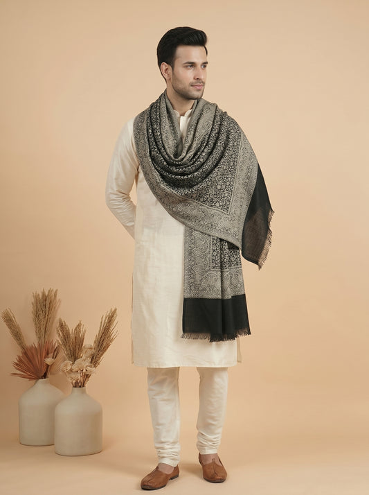 Floral All-over Kani Weave Woolen Stole for Men with Paisley Border | Black