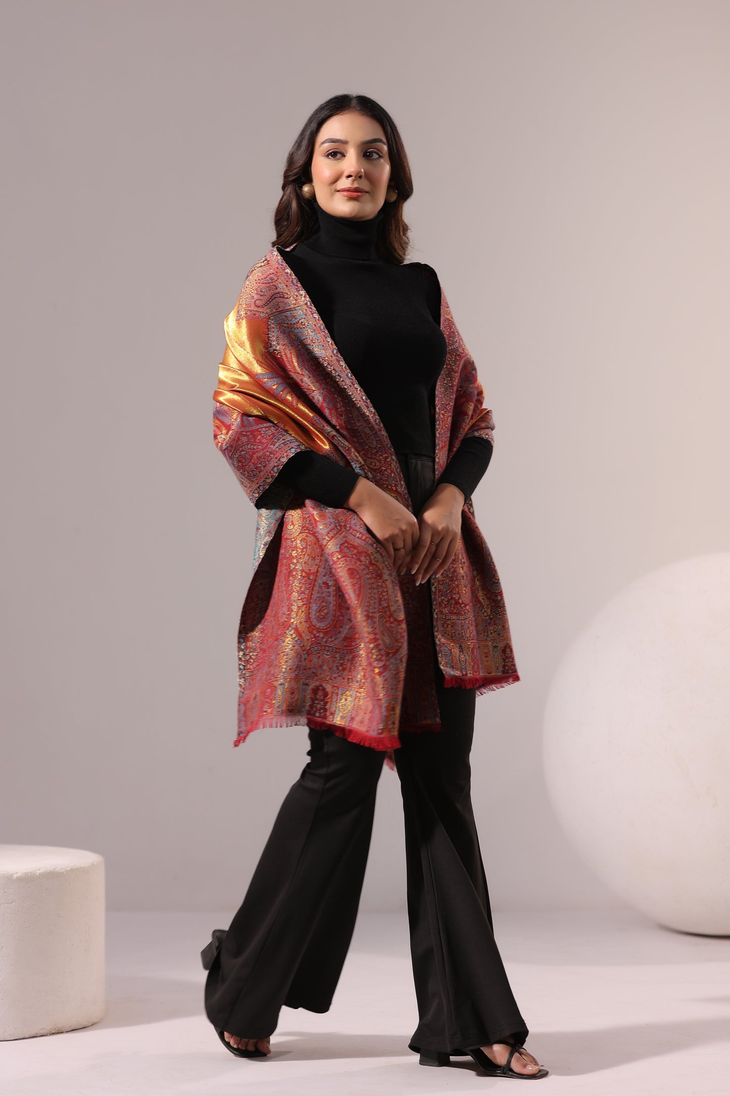 Women’s Premium Kani Woven Shawl with Zari Sheen | Rust