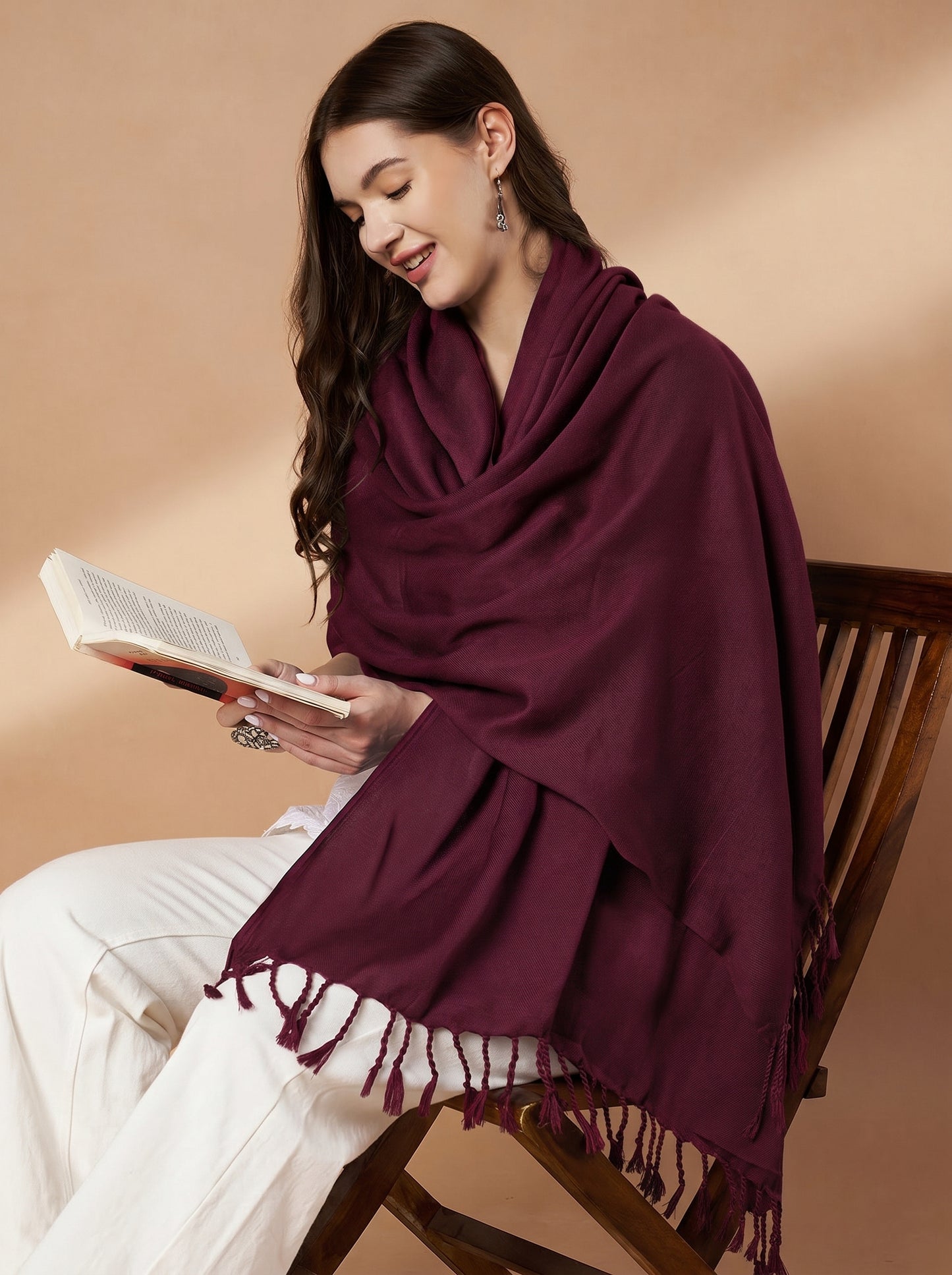 Plain Wine Woolen Stole for Women | Wine - view 4