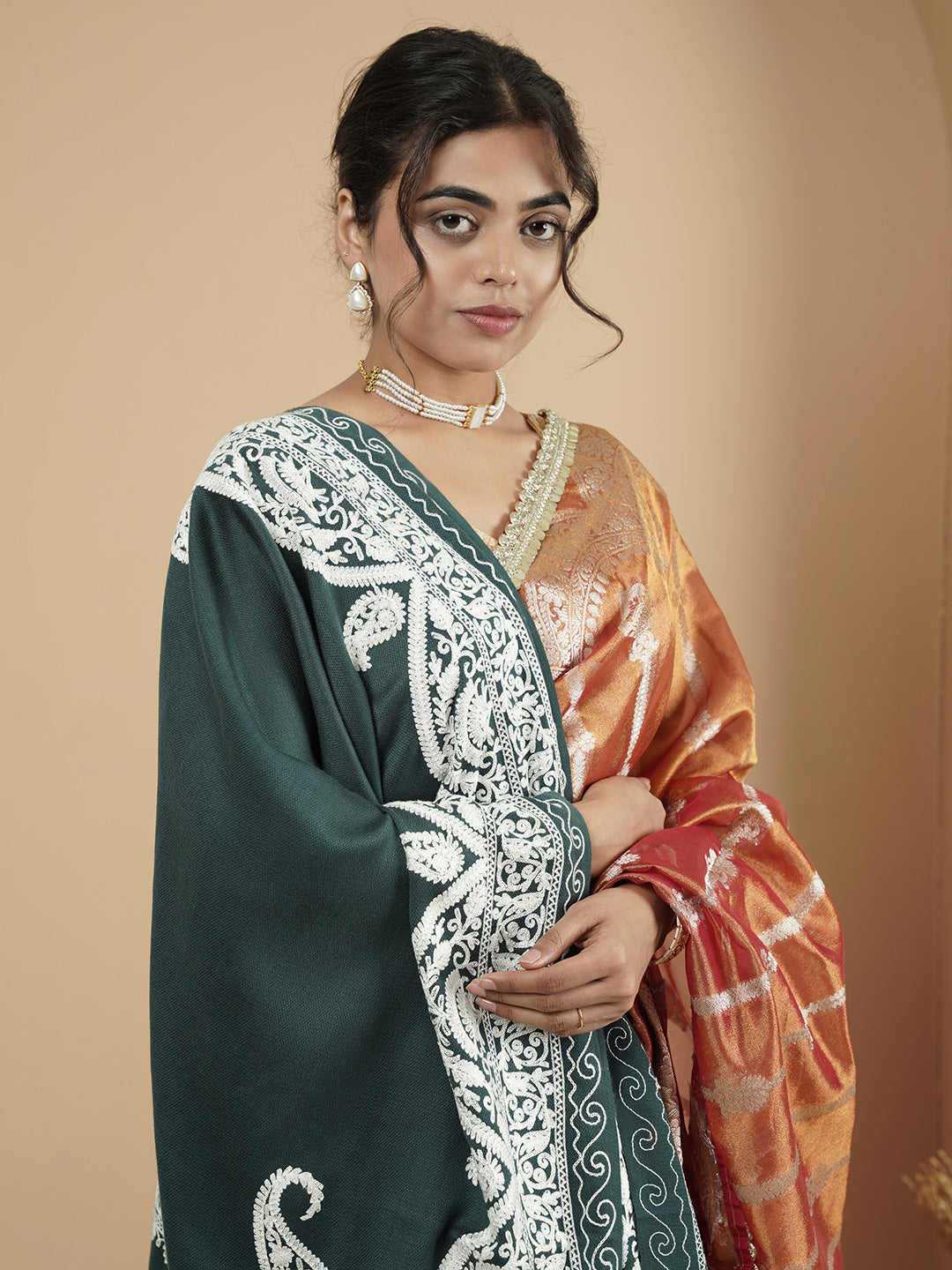 Floral Kashmiri Aari Embroidery Warm Stole with Fringed Border | Grey