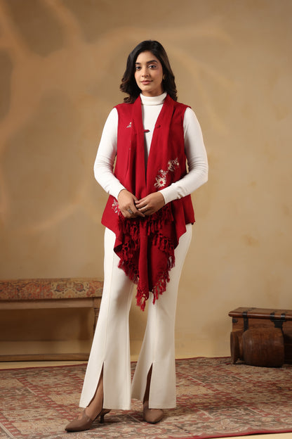 Women's Sleeveless Floral Zari Embroidery Shrug Cardigan | Red