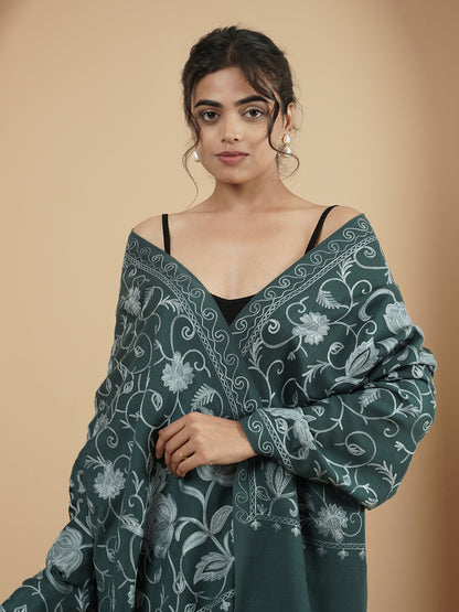 Floral Kashmiri Jaal Embroidery Warm Stole with Fringed Border | Grey