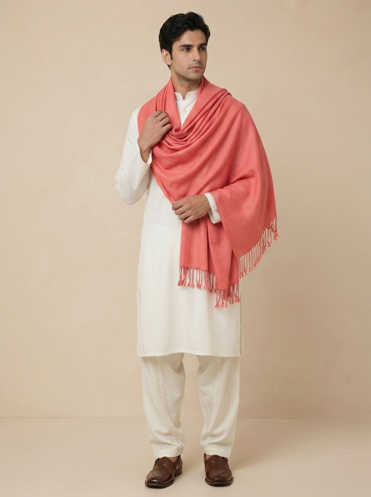 Men Lightweight Solid Color Warm Stole | Peach - view 5